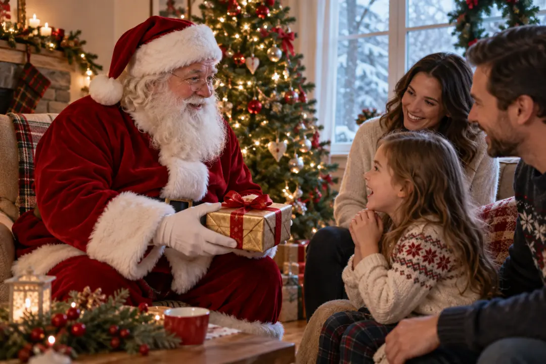 Santa holds a wrapped gift beside a decorated tree and greets a family in a holiday greeting scene