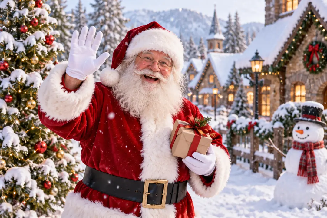 Santa waves with a gift in a snowy village scene framed for a vertical holiday clip
