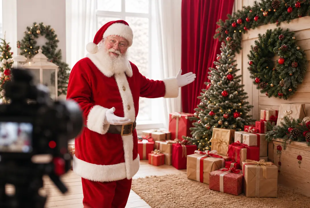 Santa gestures toward a festive gift display on a bright event video set