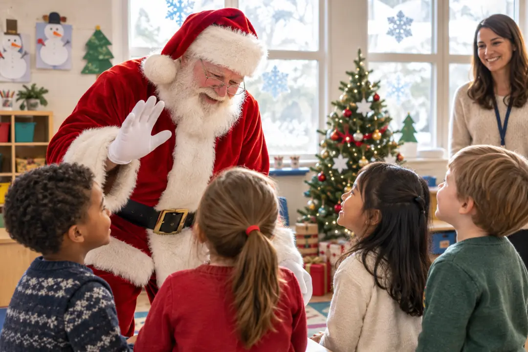 Santa greets children and a teacher in a light-filled classroom holiday scene