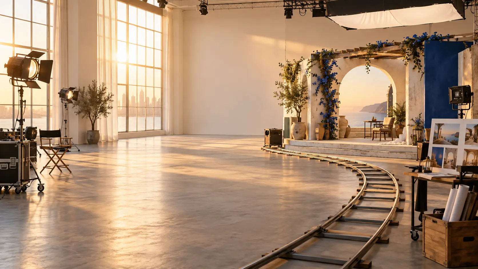 Bright creative studio with a completed video scene and production references