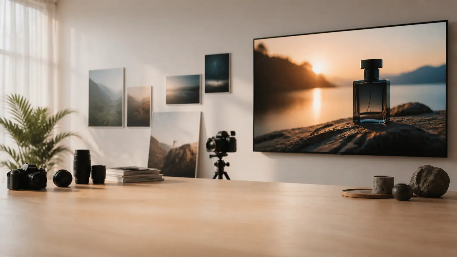 Wide creative studio with camera references and a finished cinematic scene
