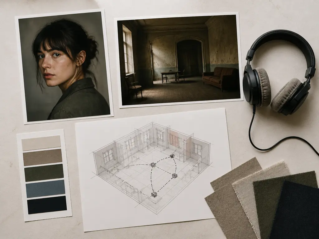 Portrait, room, audio, and material references arranged by role on a creative table