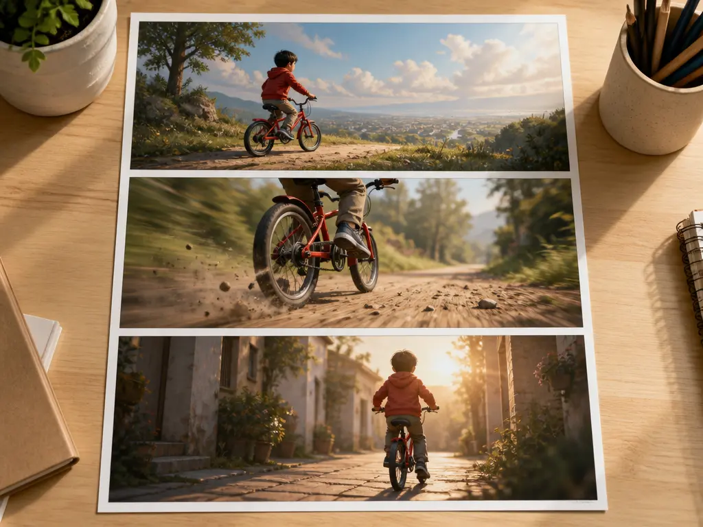 Cyclist moving through three connected landscape scenes with changing light
