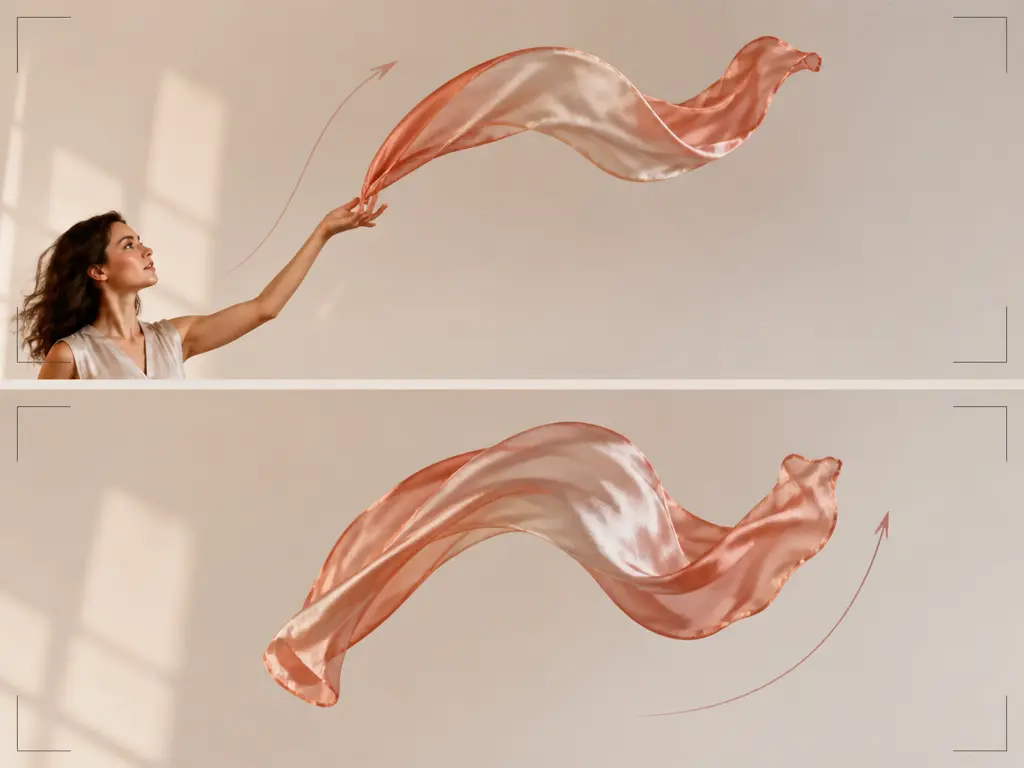 Silk scarf moving between start and end frames along a guided arc