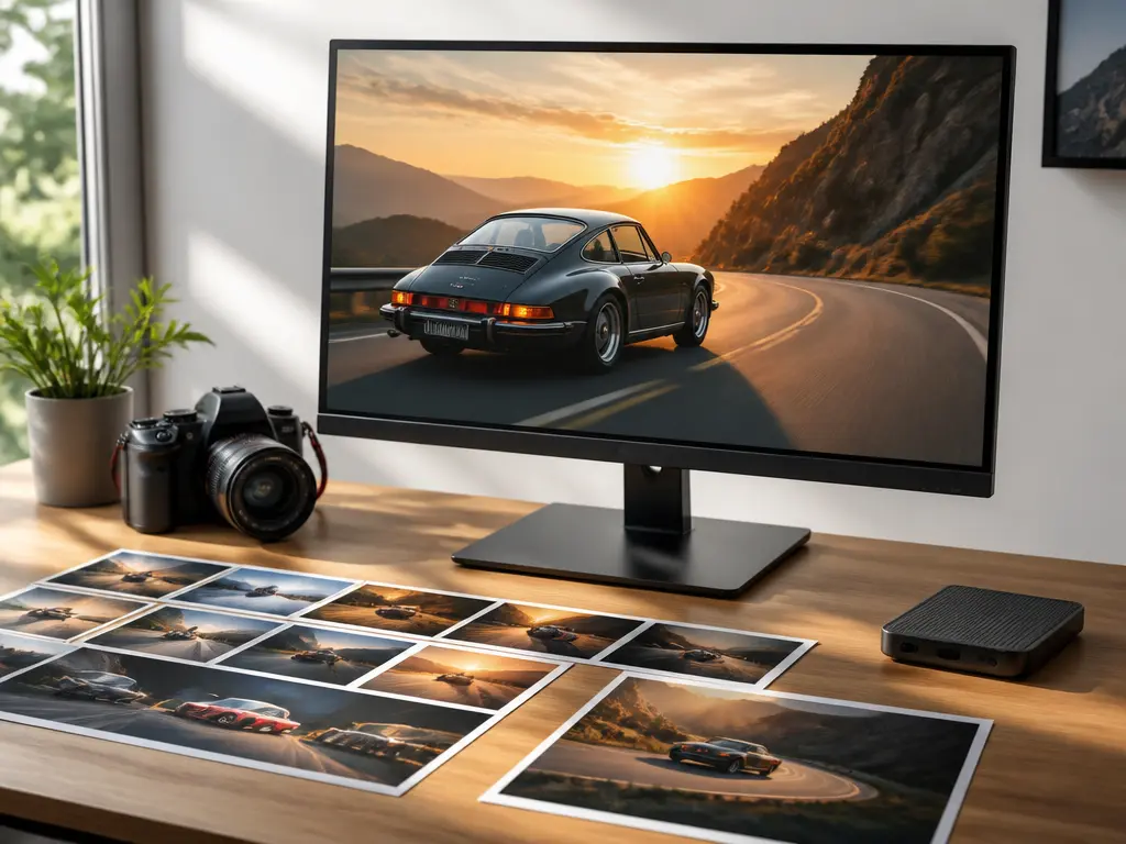 Finished car scene displayed on a monitor beside cinematic frame stills
