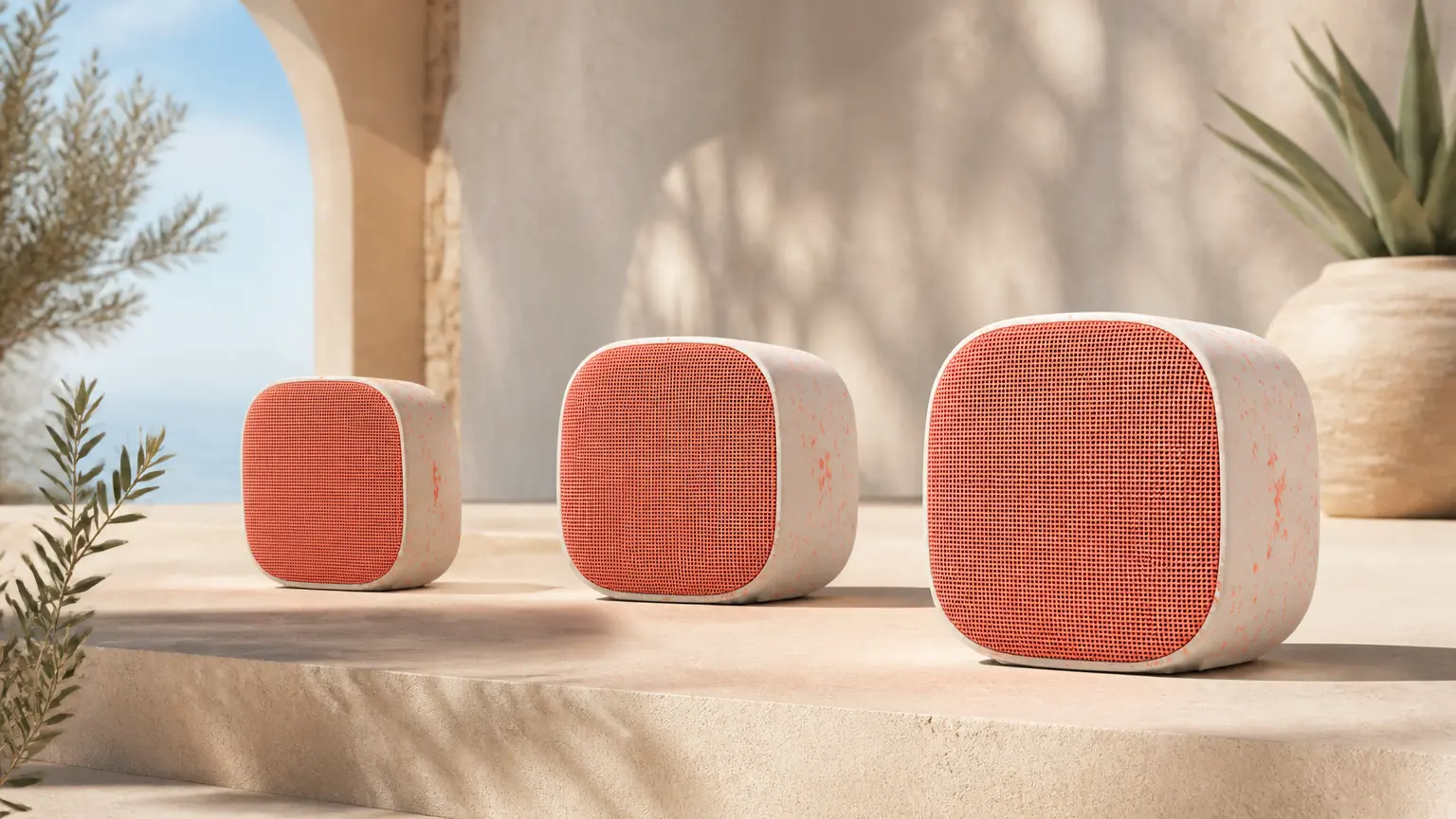 Three coral speakers staged across a bright cinematic product set