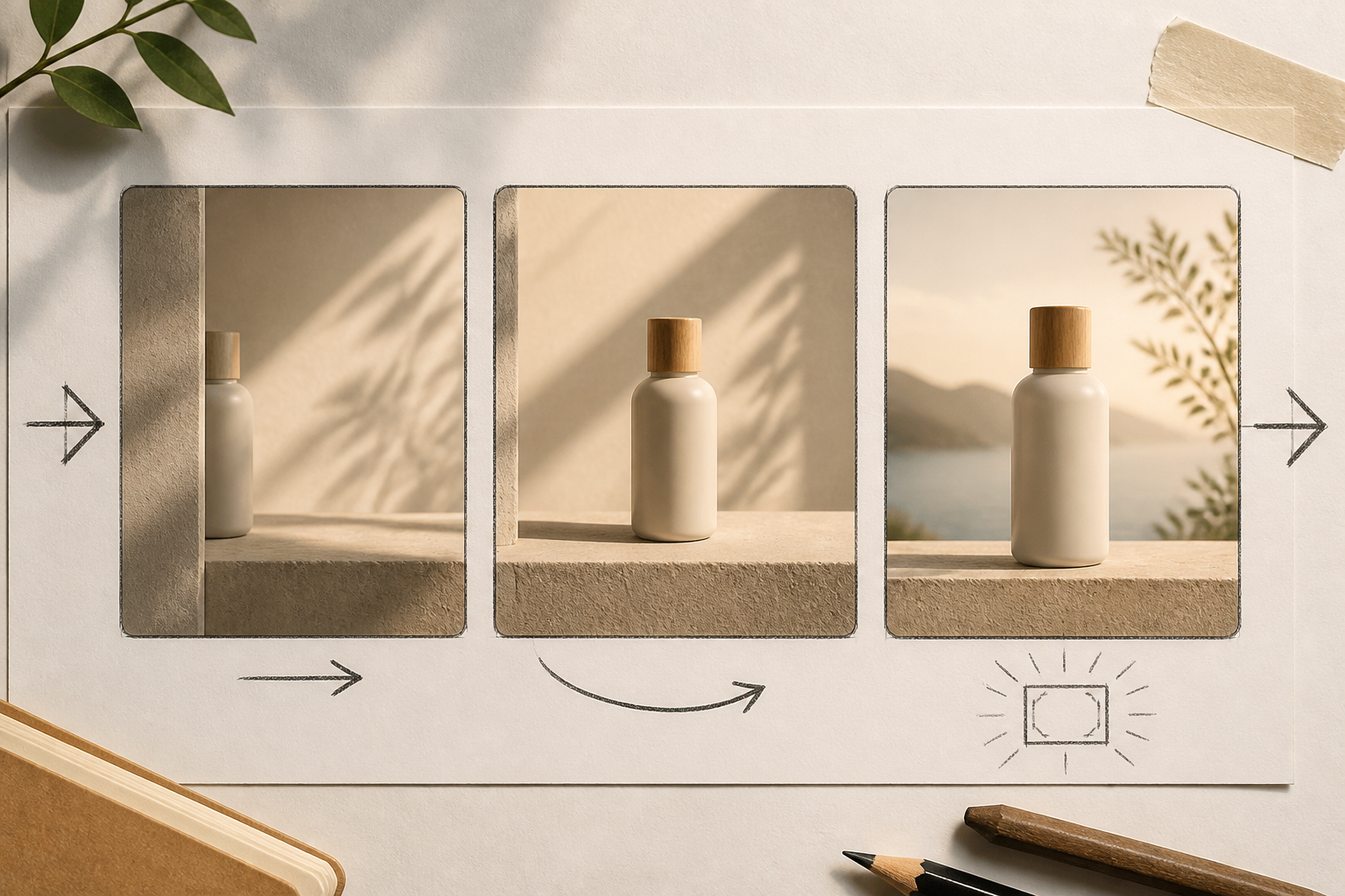 Three product scenes arranged in sequence with camera direction marks