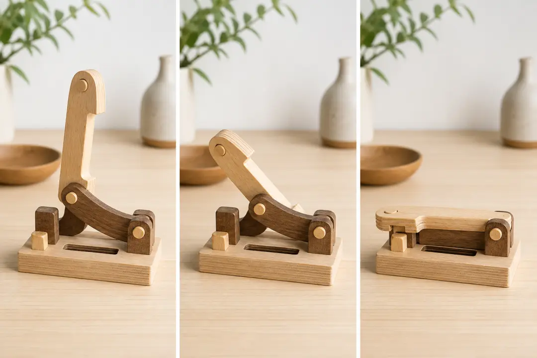 Wooden mechanism demonstrated through three clear explainer stages