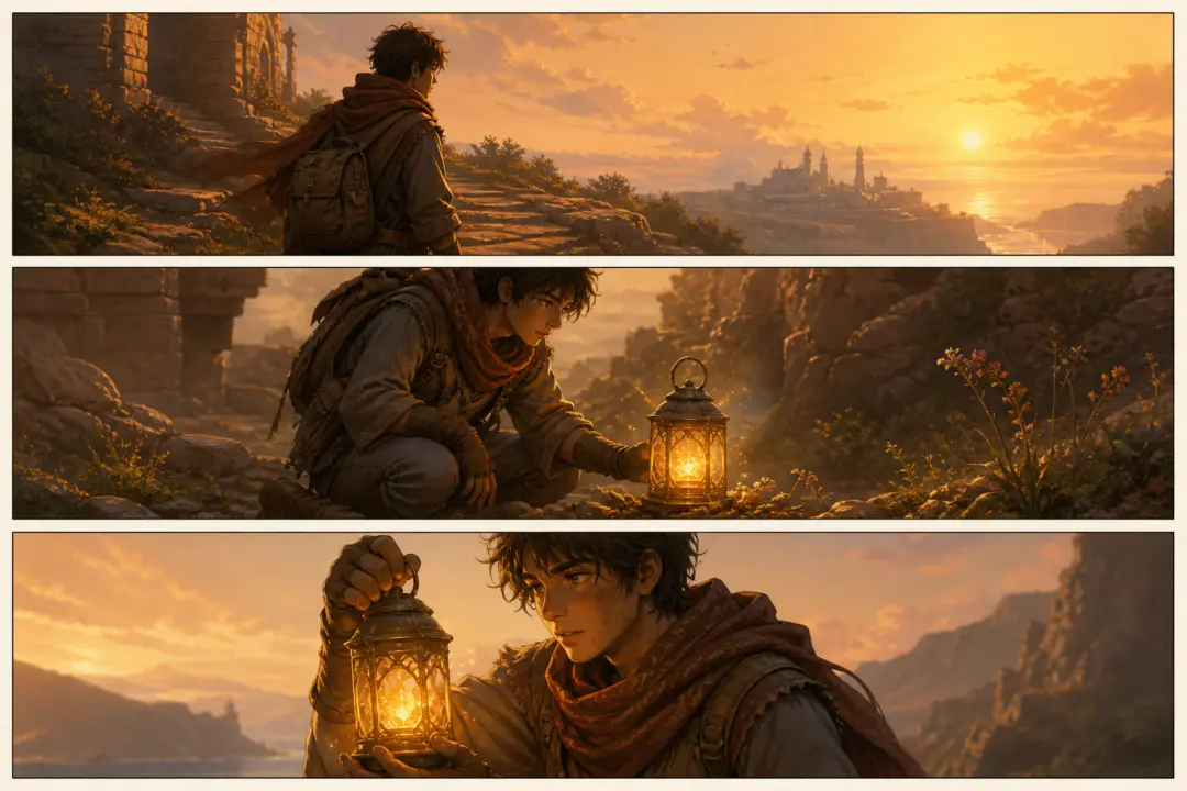 Traveler and glowing lantern shown across three cinematic story preview frames