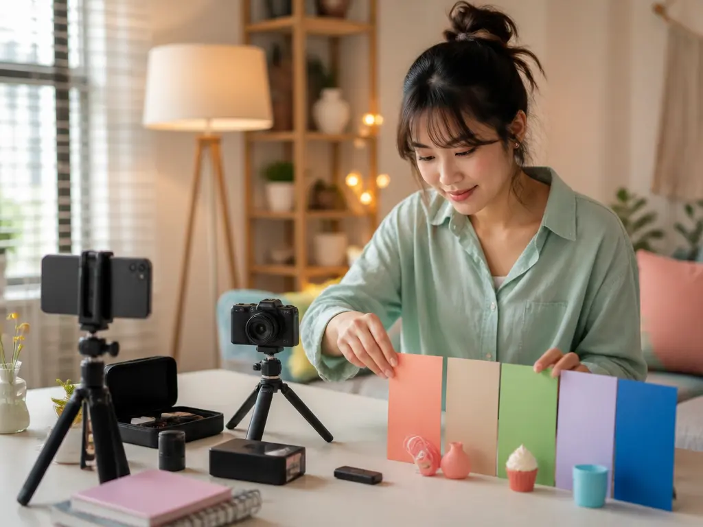 Short video creator arranging colorful props beside a compact camera