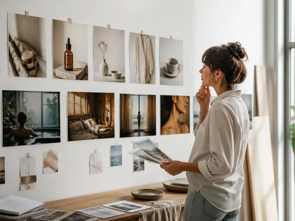 Brand content editor reviewing product and location reference photographs