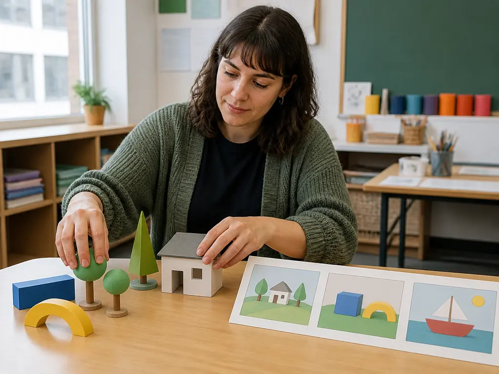 Explainer maker arranging physical models and illustrated scene cards