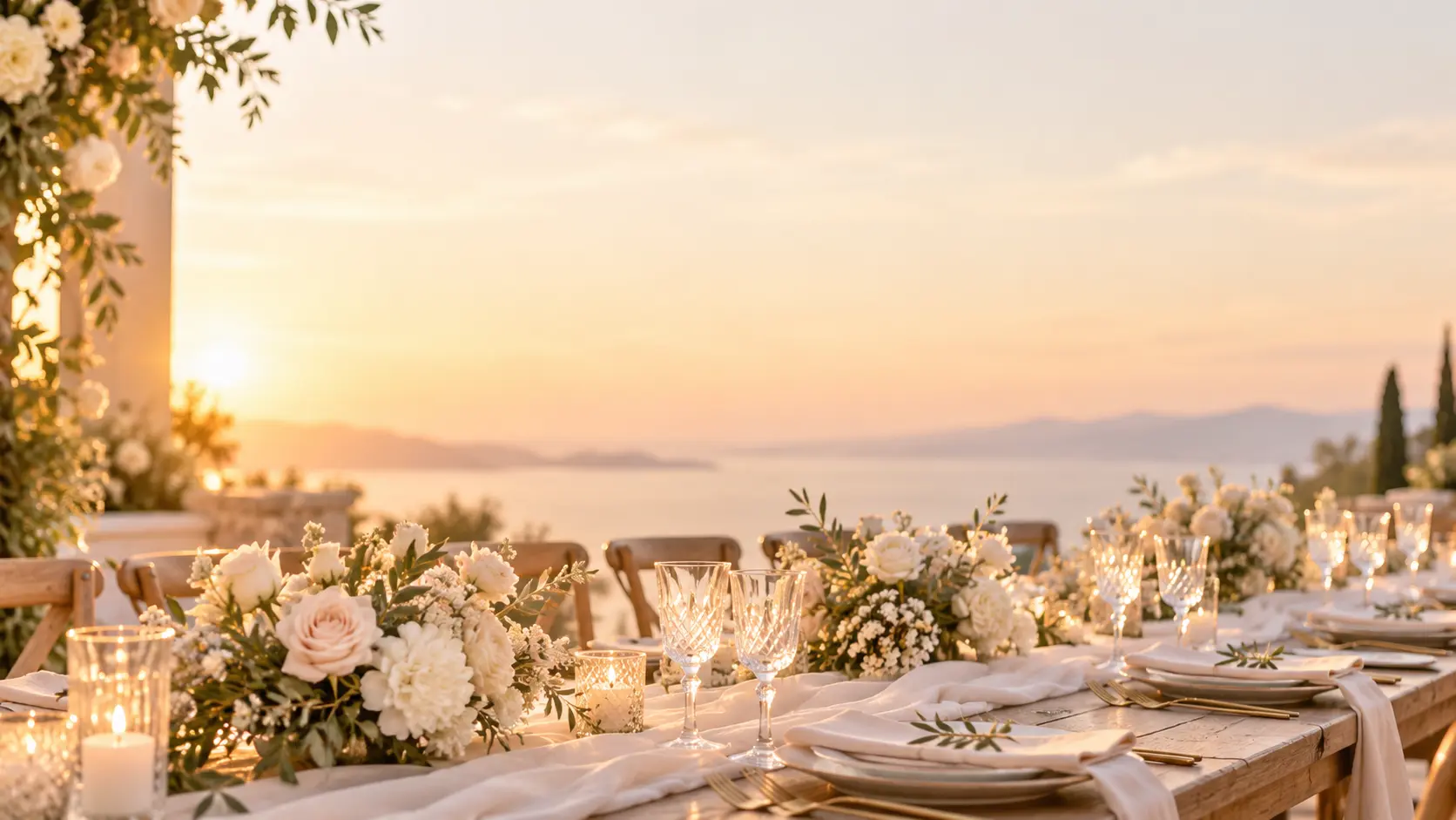 Soft wedding table setting at golden hour with a calm open area for the overlay