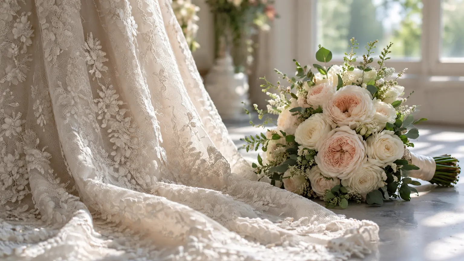 Realistic AI wedding photo concept with detailed fabric, natural light, and soft background depth