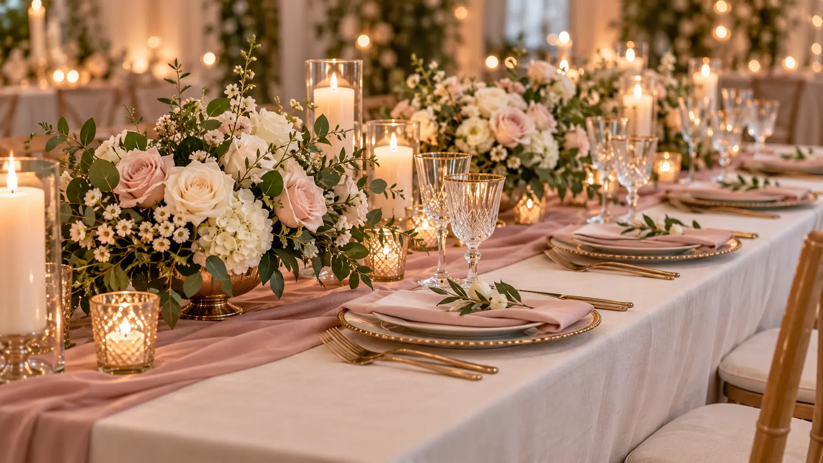 Wedding scene concept with a coordinated ivory, blush, and greenery color palette