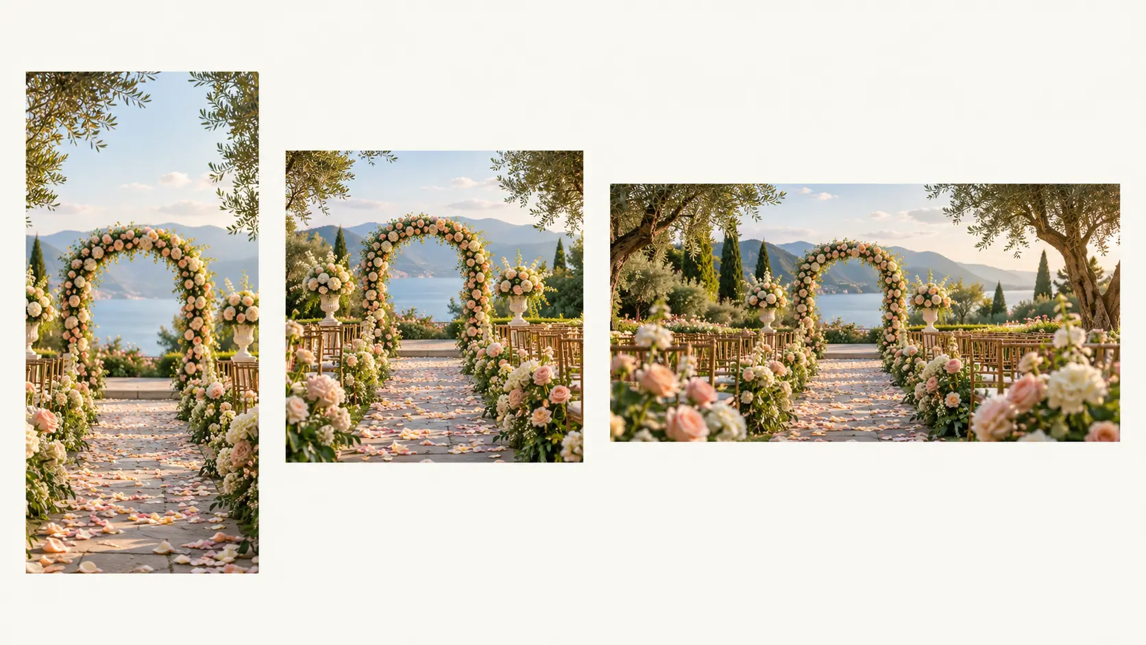 Wedding scene concept shown in vertical, square, and wide aspect ratio crops