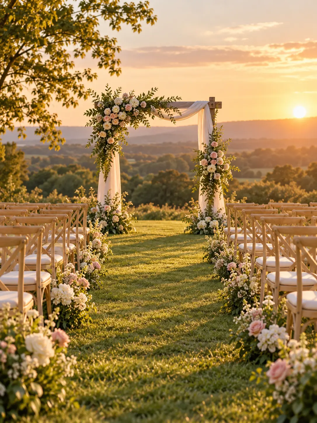 AI wedding photos generator concept of an outdoor garden ceremony at golden hour
