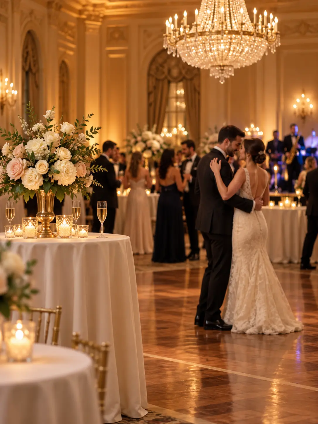 AI wedding photos generator concept of an elegant indoor ballroom celebration