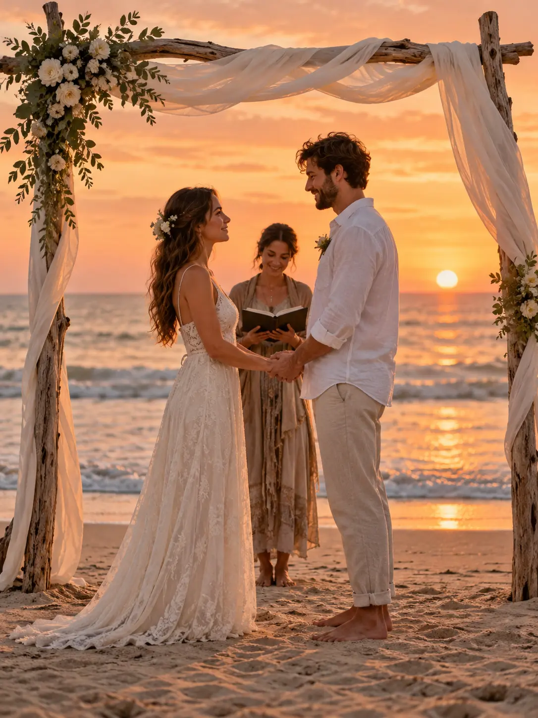 AI wedding photos generator concept of a beach ceremony at sunset