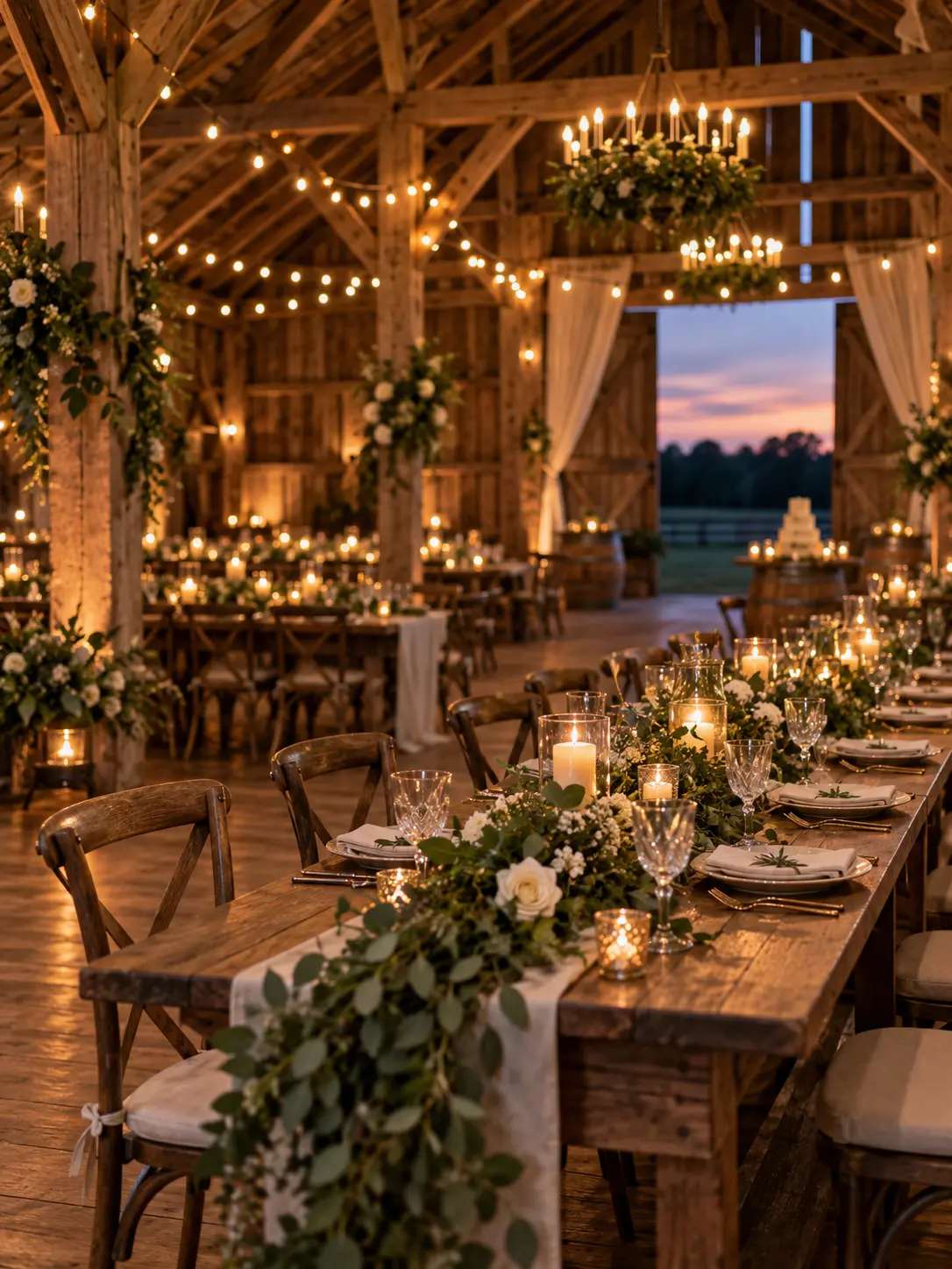 AI wedding photos generator concept of a rustic barn reception with warm string lights