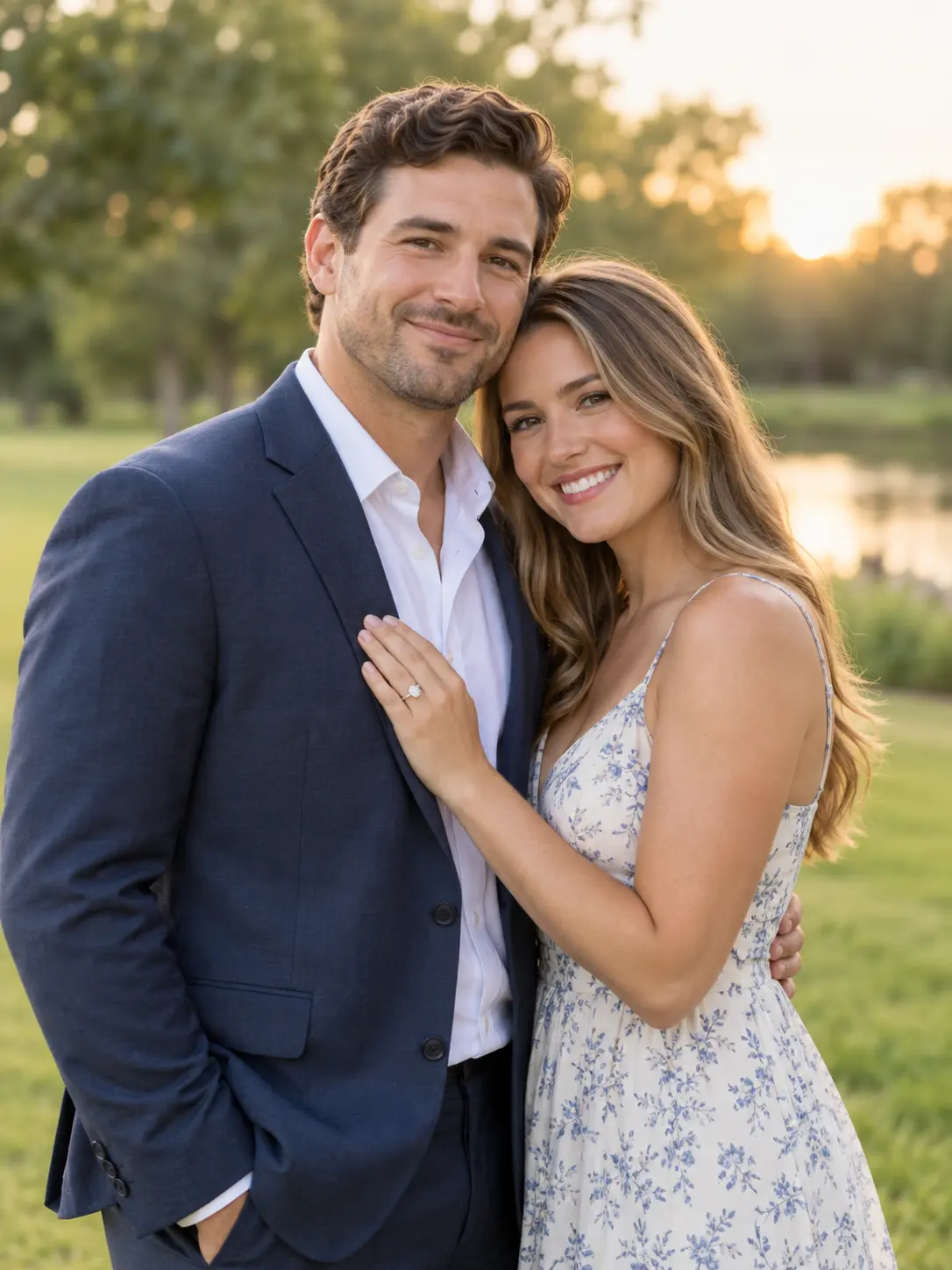 AI wedding photos generator concept of a formal engagement portrait in soft evening light