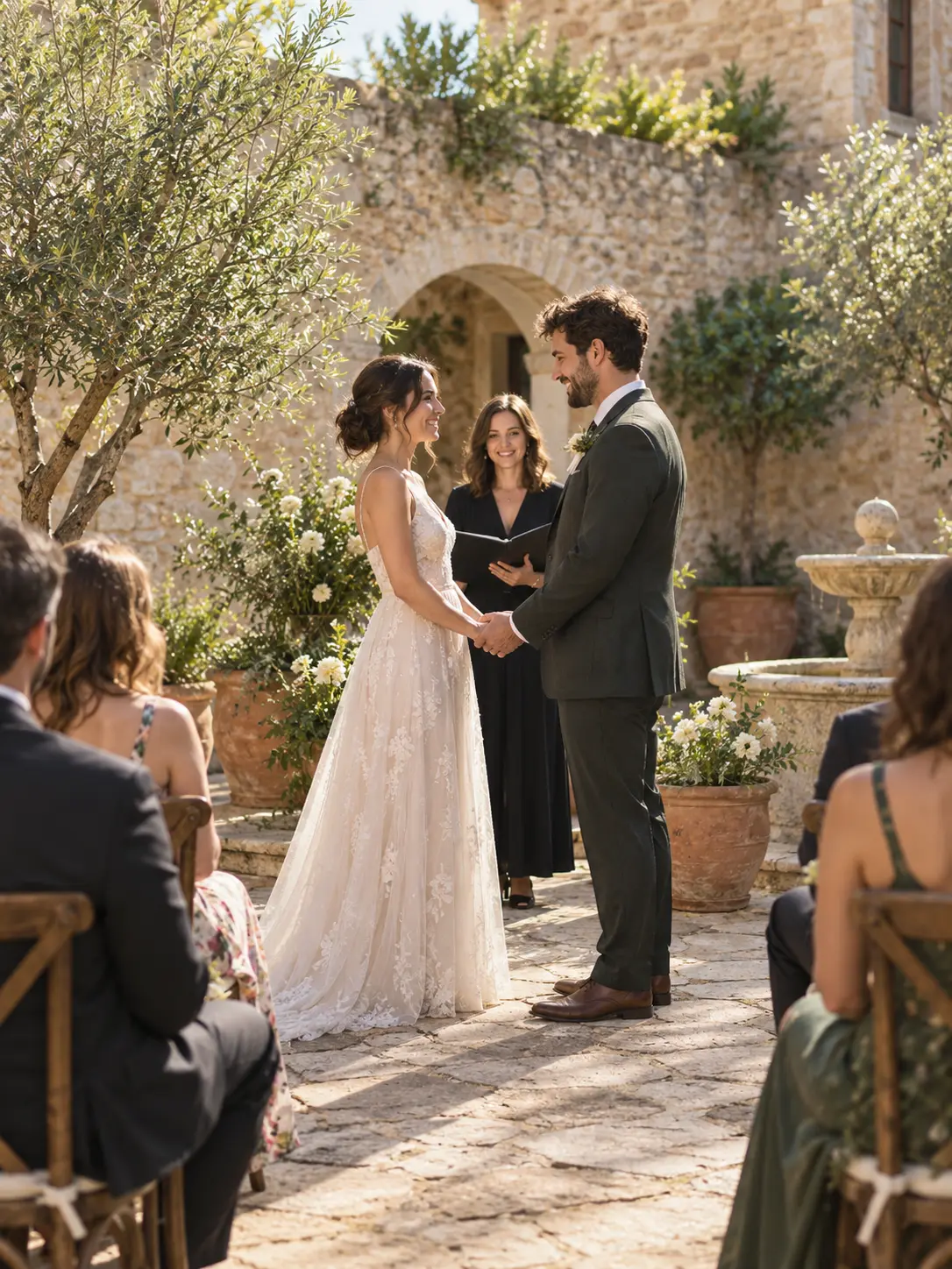 AI wedding photos generator concept of intimate courtyard vows in soft afternoon light