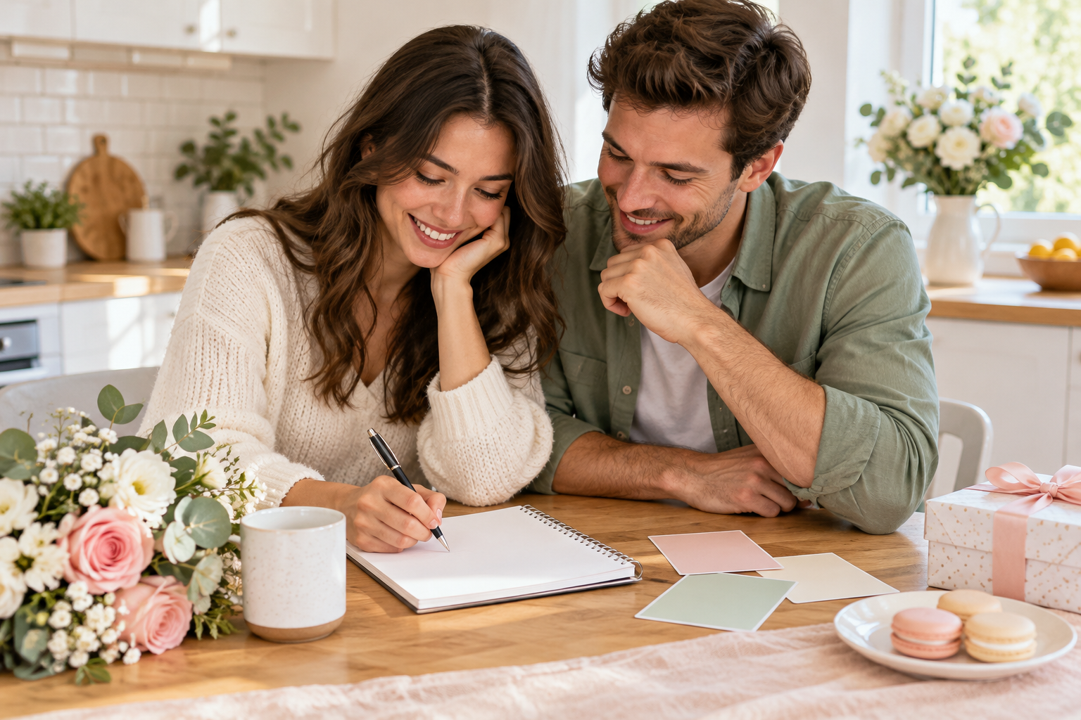 Couple writing a celebration scene brief before generating wedding concepts