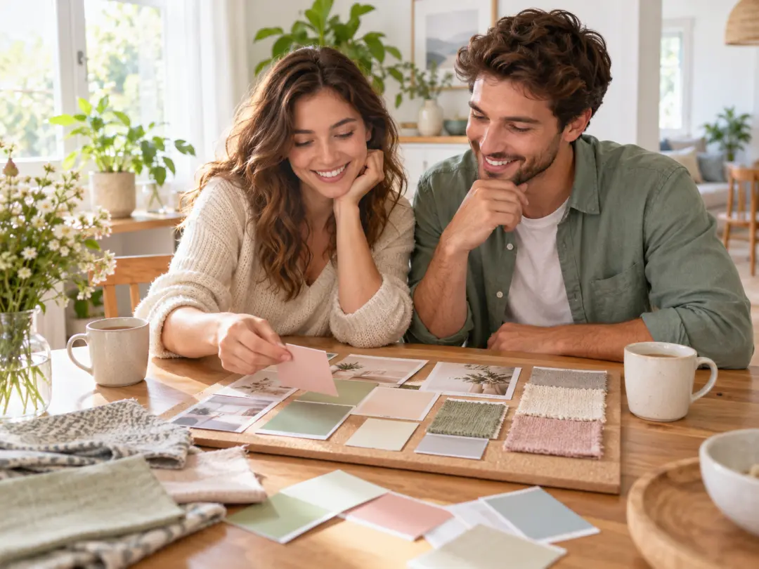 Couple reviewing AI wedding photos generator concept images for a mood board