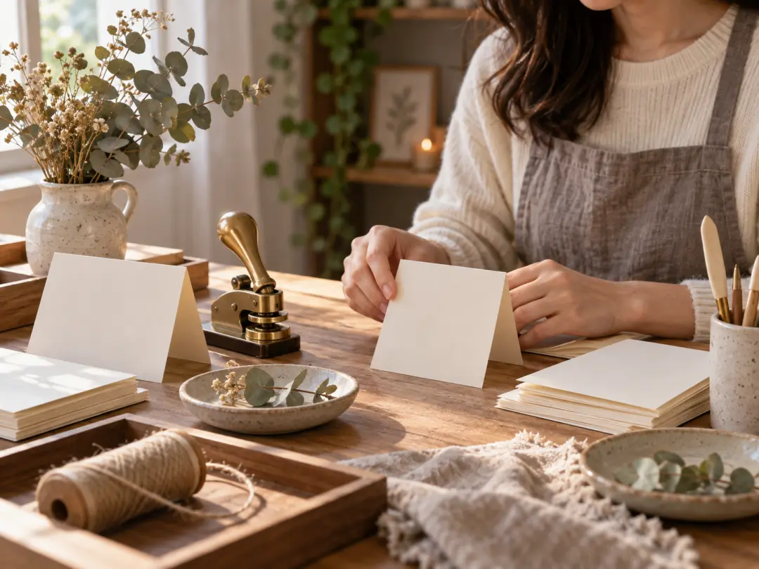 Stationery maker arranging celebration images for thank-you card designs