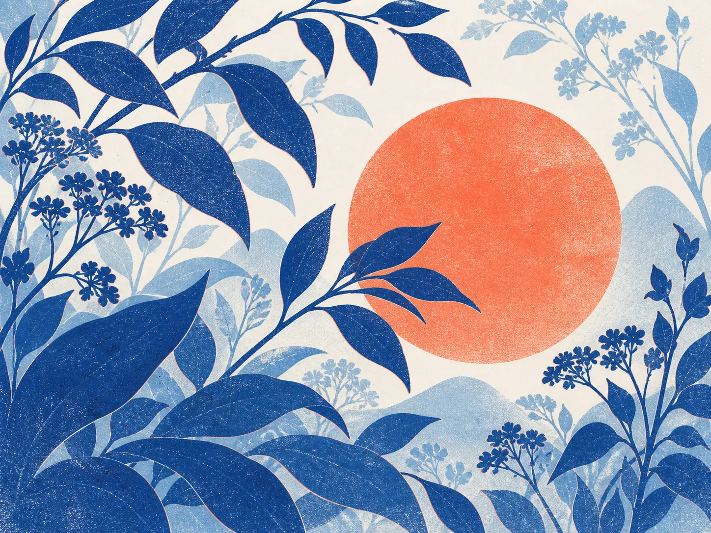 Original music-inspired poster art with layered blue botanical forms and a coral circular focal point