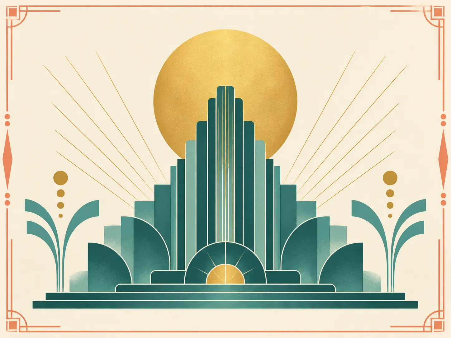 Original art deco-inspired music poster with stepped teal geometry, a central gold disc, and crisp decorative borders
