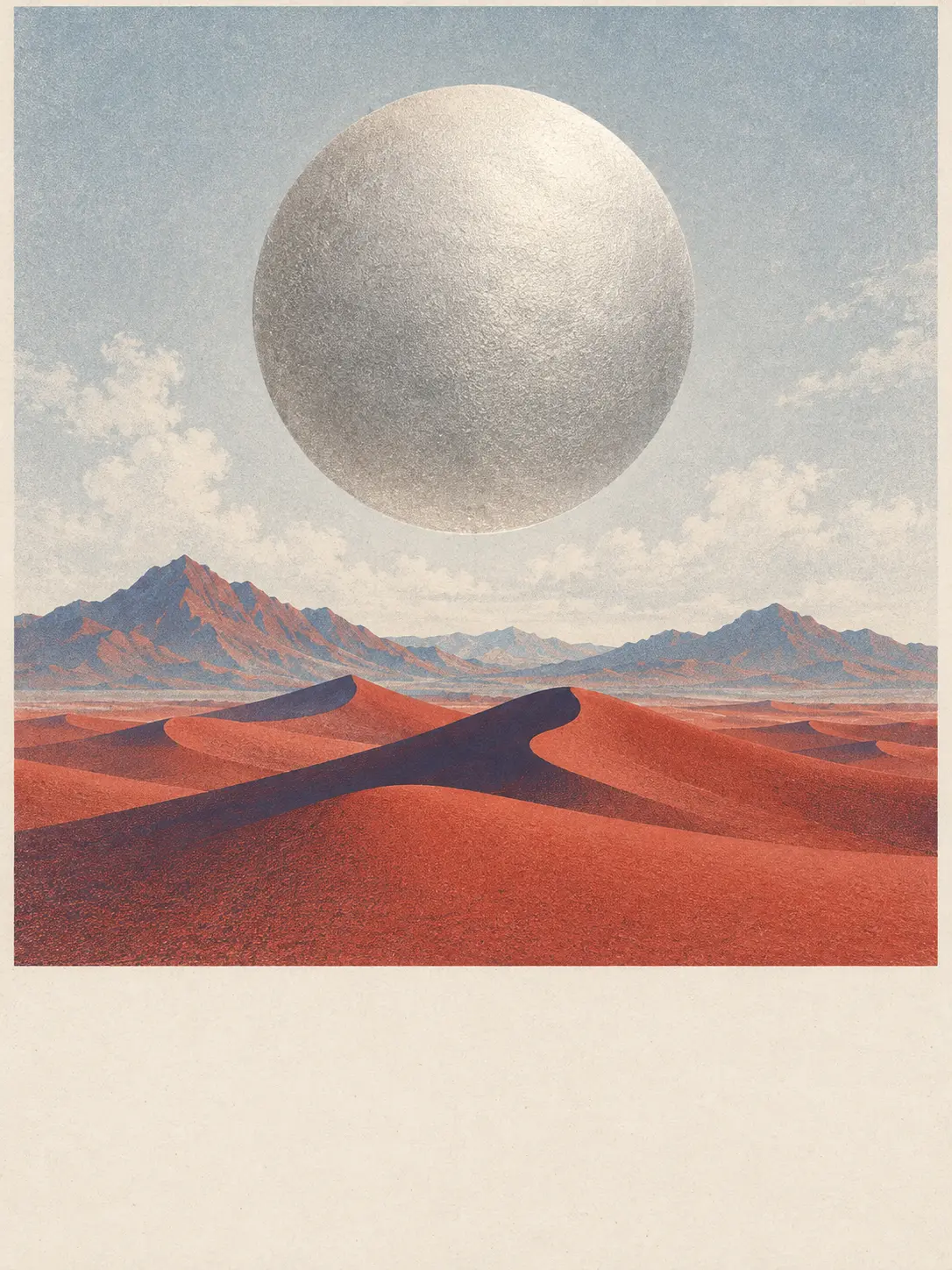 Original artwork from an album cover posters maker, featuring a silver sun above a red desert and a quiet lower area for typography