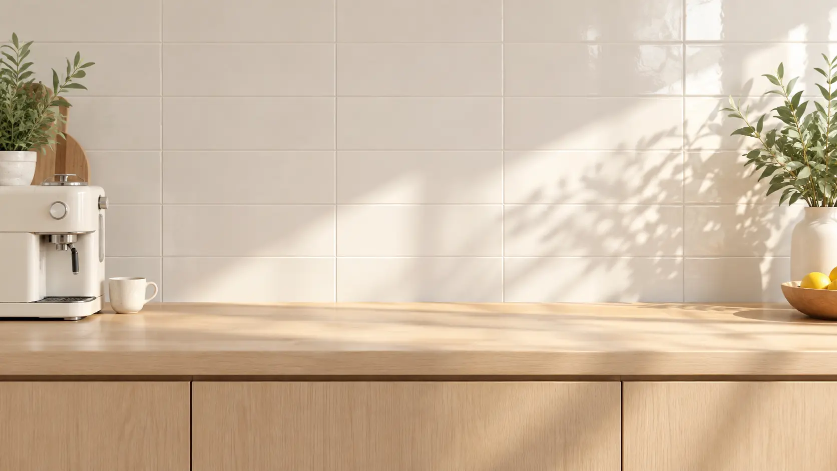 Sunlit product video set with a cream appliance at the edge and open center