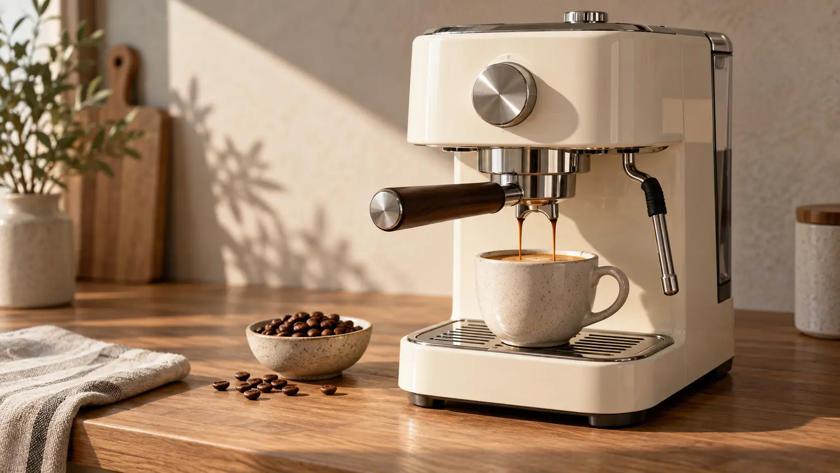 A cohesive espresso product video scene combines a prepared cup and kitchen styling