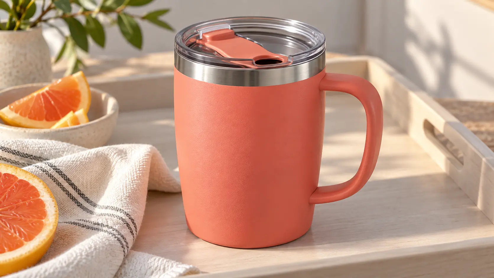 A coral travel mug retains precise lid and handle details in a lifestyle product scene