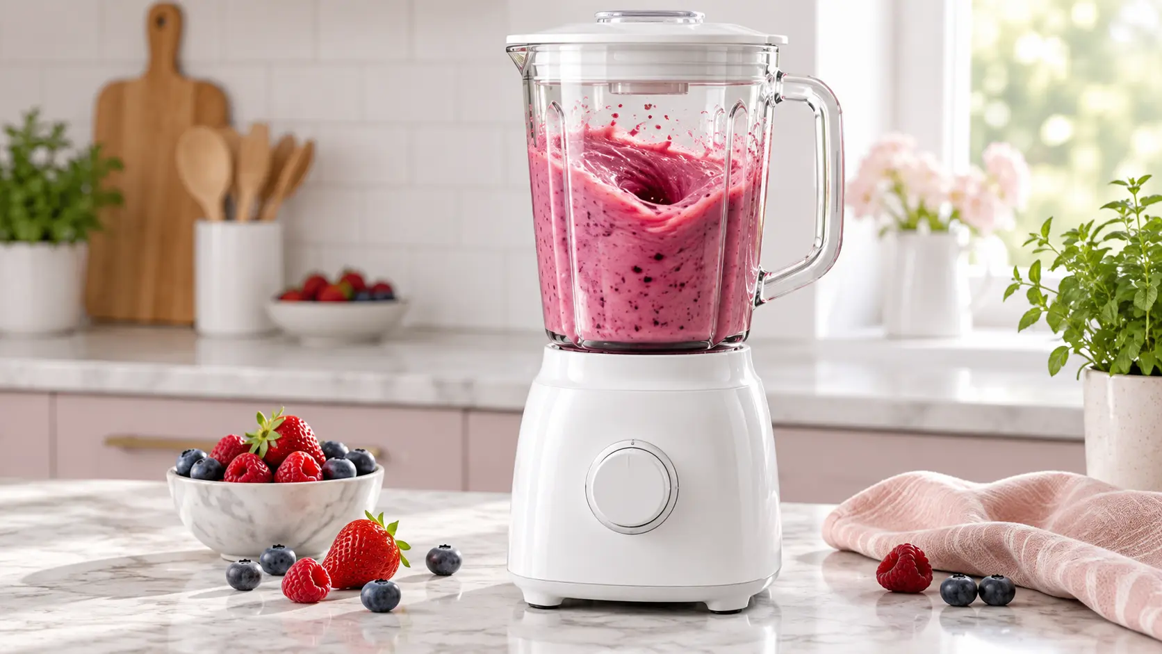 A compact blender whirls a pink smoothie in one directed product video action