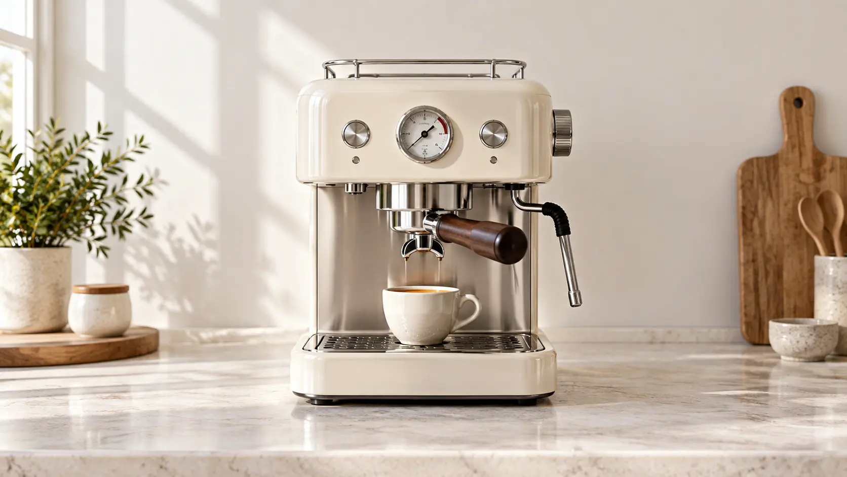Detailed espresso machine centered within a spacious product advertising frame