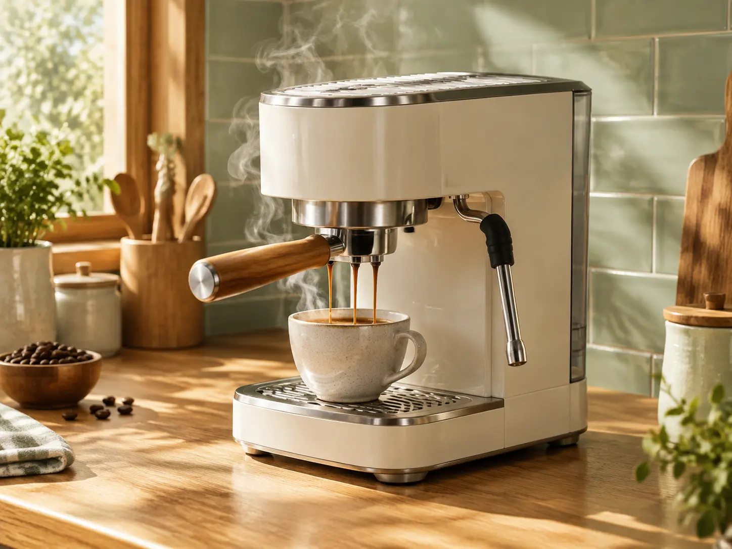 Cream espresso machine pouring coffee in a polished product advertising scene