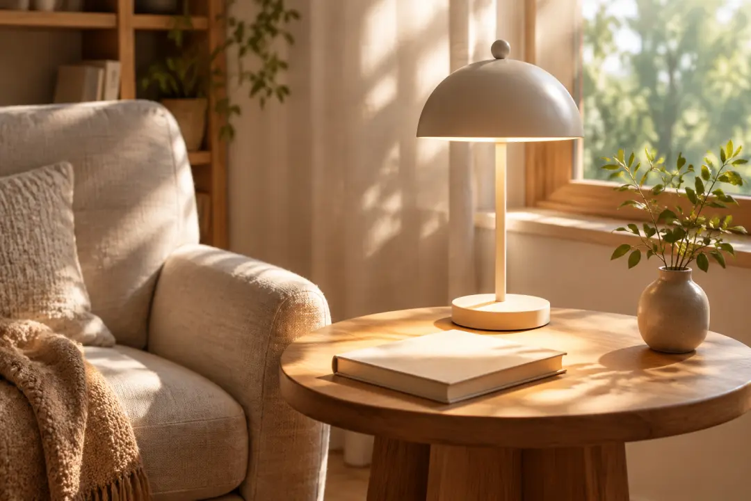 Portable cream lamp introduces a product in a bright reading-corner video scene