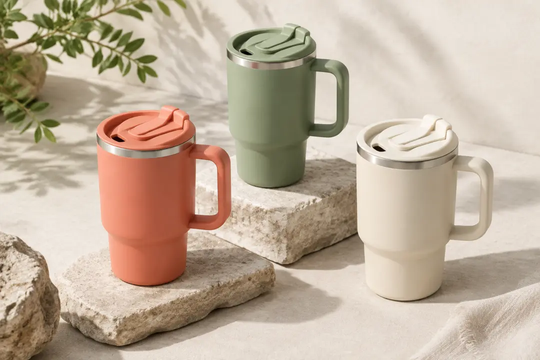 Three colored travel mugs form a coordinated product-line advertising scene