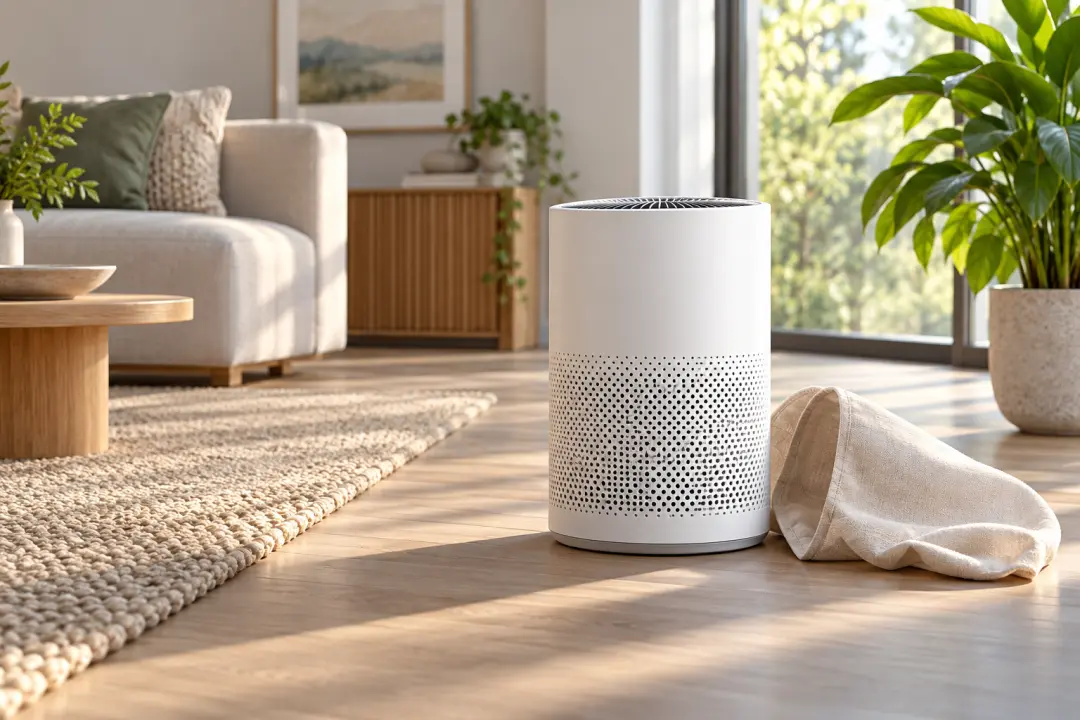 A compact air purifier is revealed in a bright product launch video scene
