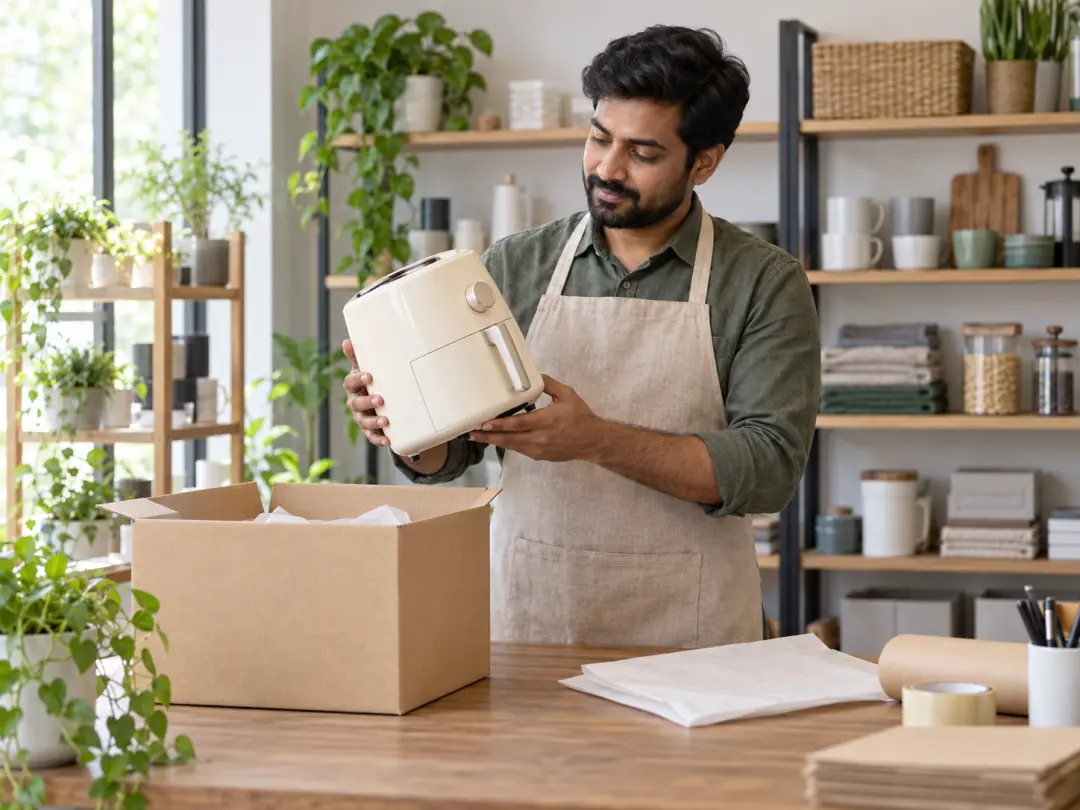 An independent seller inspects a cream appliance at a sunlit product packing station