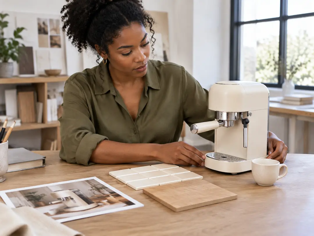 A product marketer arranges appliance samples and material swatches in a bright creative studio