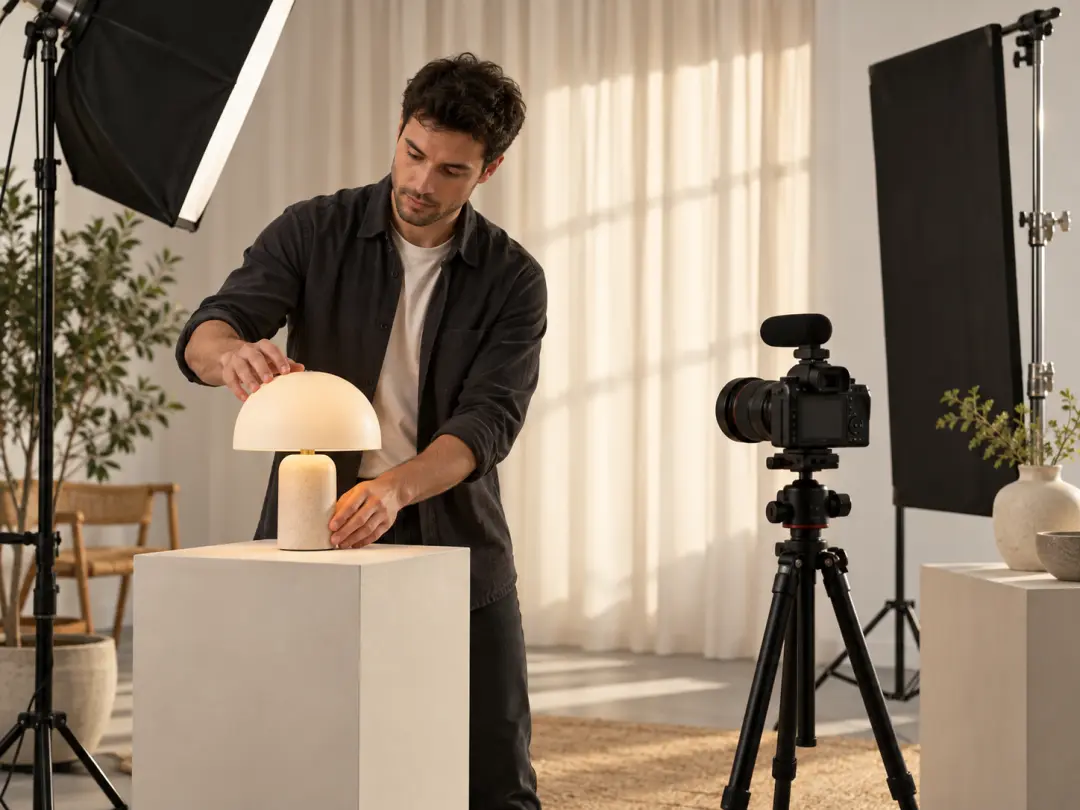 A campaign creator refines a lamp product scene beside a studio camera