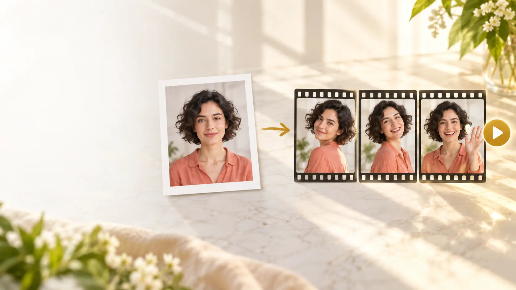 A still photo flowing into a bright sequence of animated movement