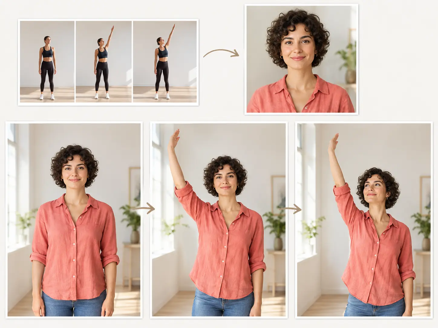 Reference movement guiding the same photo subject through an animated pose sequence