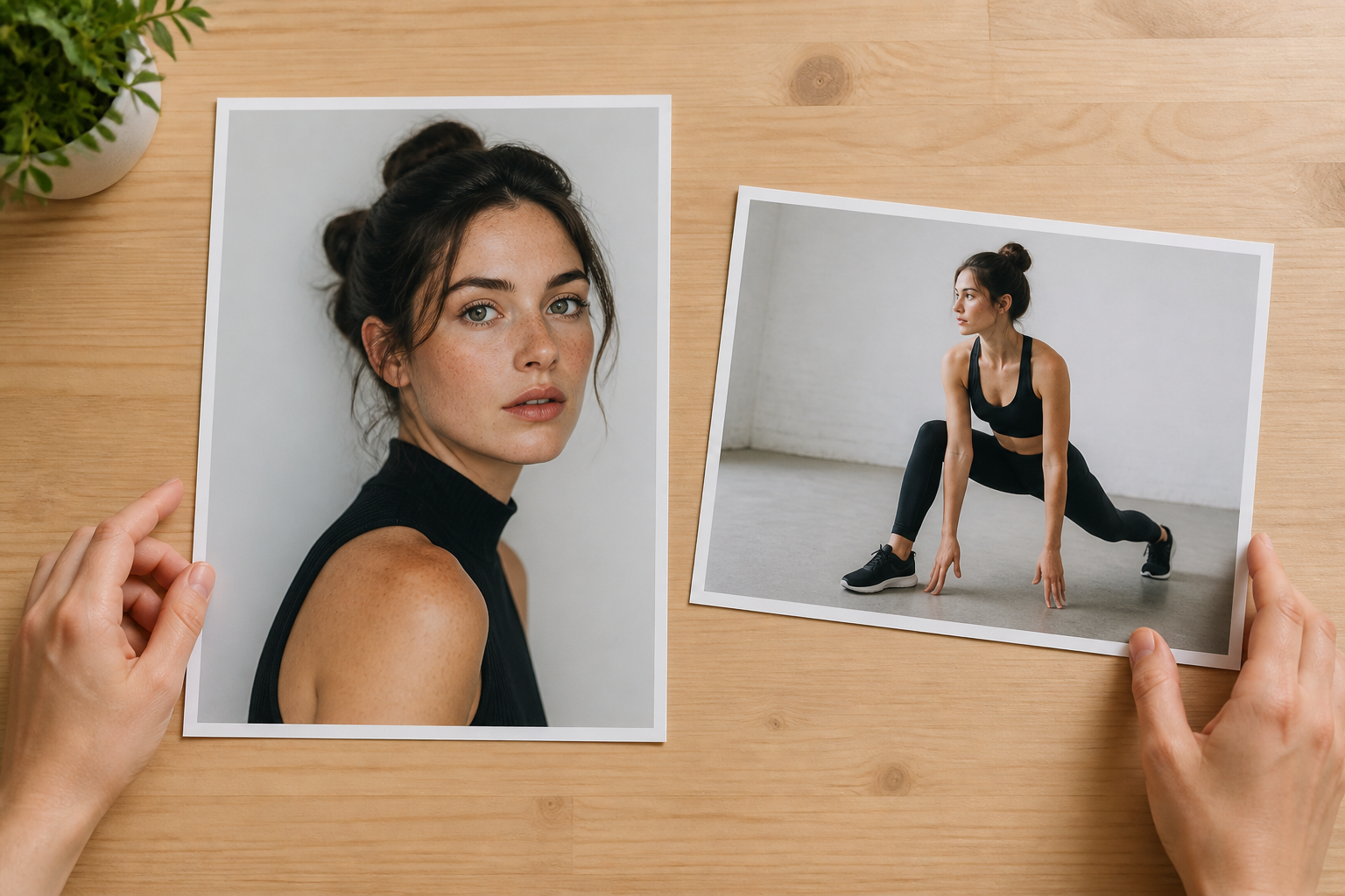 Hands arranging portrait and action reference photographs on a desk