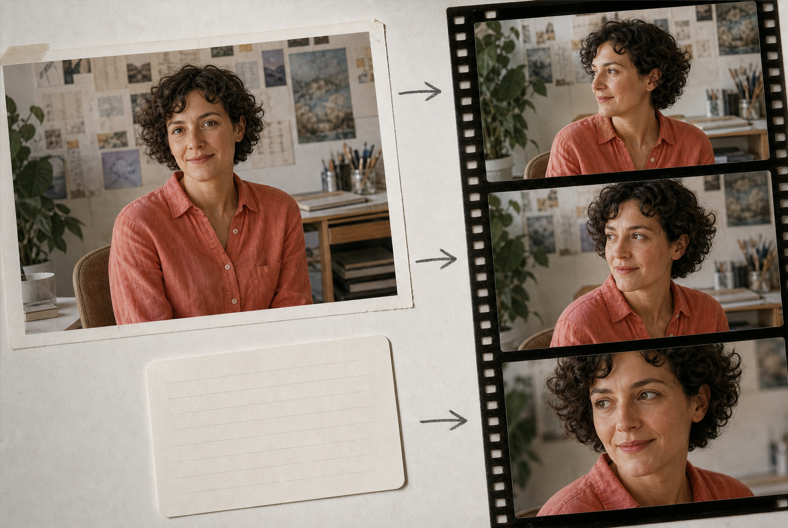 Still portrait connected to guided motion frames with subject and camera direction