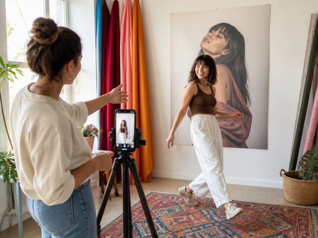 Short video creator filming a woman moving in a bright studio